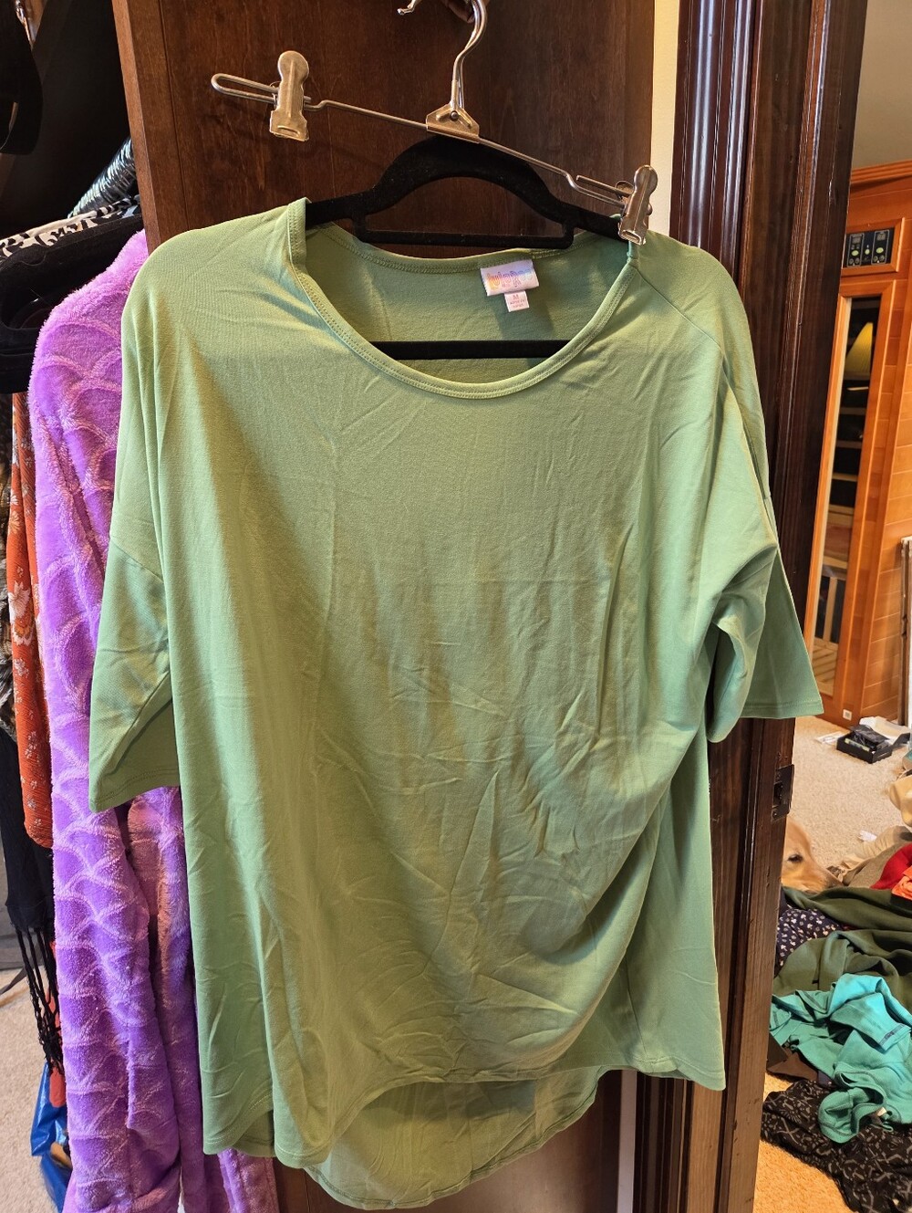 LuLaRoe M Irma Sage Green Short Sleeve Scoop Neck Top